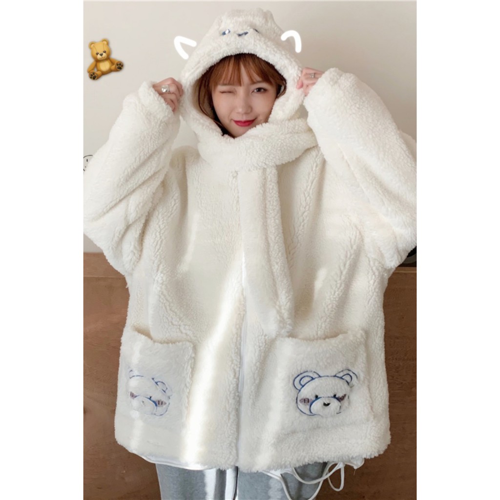 [ HÀNG SẴN TAOBAO 008 ] Áo khoác bông lông cừu túi gấu mũ gấu liền khăn form rộng siêu ấm Monisha