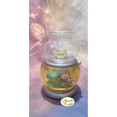 Đèn Dầu Đốt Đèn Hình Bầu In Sen Pha Lê Vàng Thờ Cúng - Chân Hợp Kim / Chân Đồng