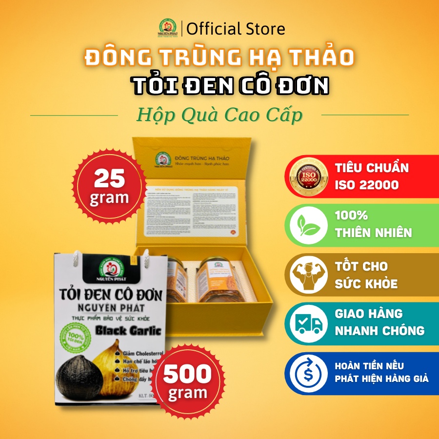 Hộp cao cấp - Combo 2 hộp Đông trùng hạ thảo sấy thăng hoa Nguyên Phát 25 gram + hộp tỏi đen cô đơn Nguyên Phát 500 gram