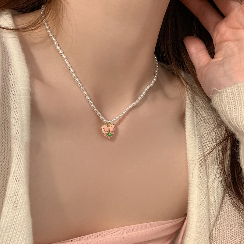 Vòng cổ Mặt Hình Hoa Tulip Đính Ngọc Trai Thời Trang Cho Nữ