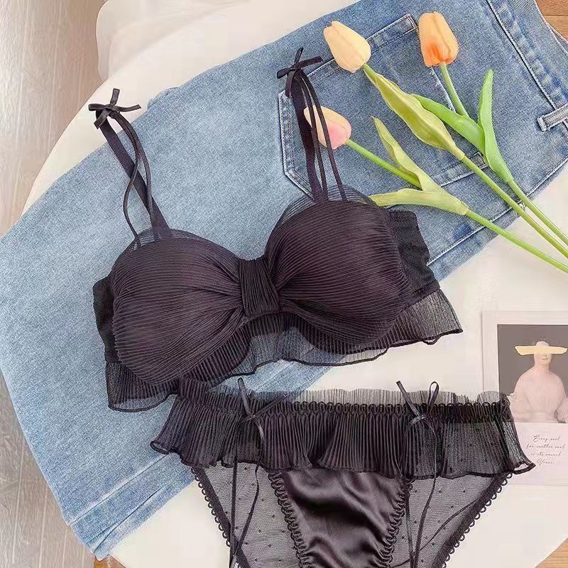 Set áo ngực và quần lót/ Áo ngực không gọng dáng mỏng phối lưới thoáng khí nâng ngực nhỏ đính nơ chống chảy xệ cho nữ