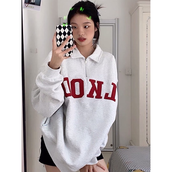 Áo sweater nỉ da cá polo có khoá kéo ulzzang in chữ LKOD