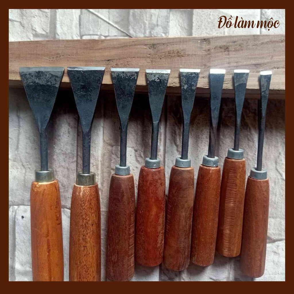 Bộ 8 cây đục lưỡi thẳng nhiều kích thước đục ngang đục bằng mài sắc tra cán đầy đủ
