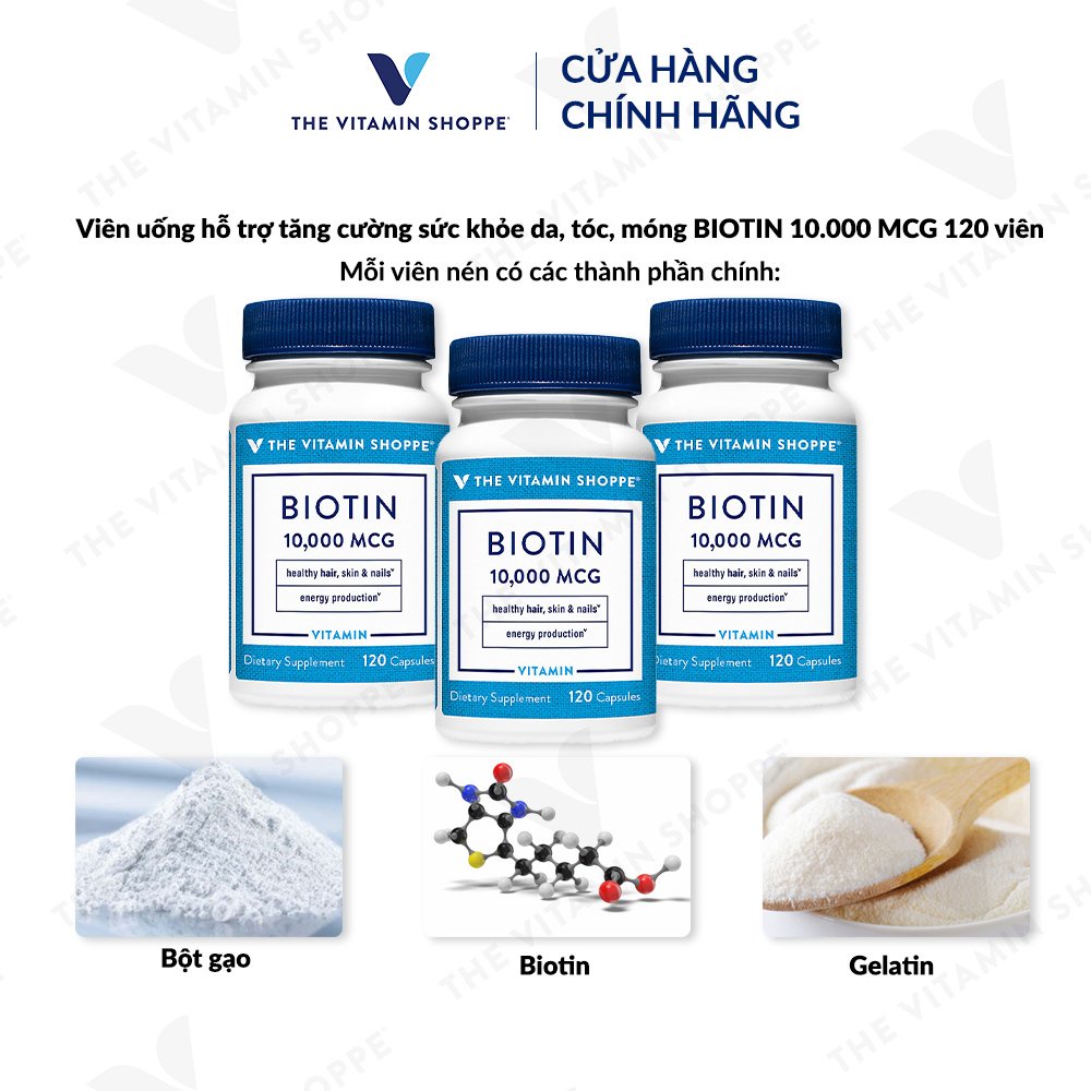 Viên uống tăng cường sức khỏe da, tóc, móng THE VITAMIN SHOPPE Biotin 10,000 MCG 60 viên