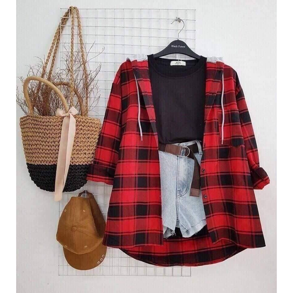 Áo sơ mi kẻ sọc Unisex nam nữ có mũ