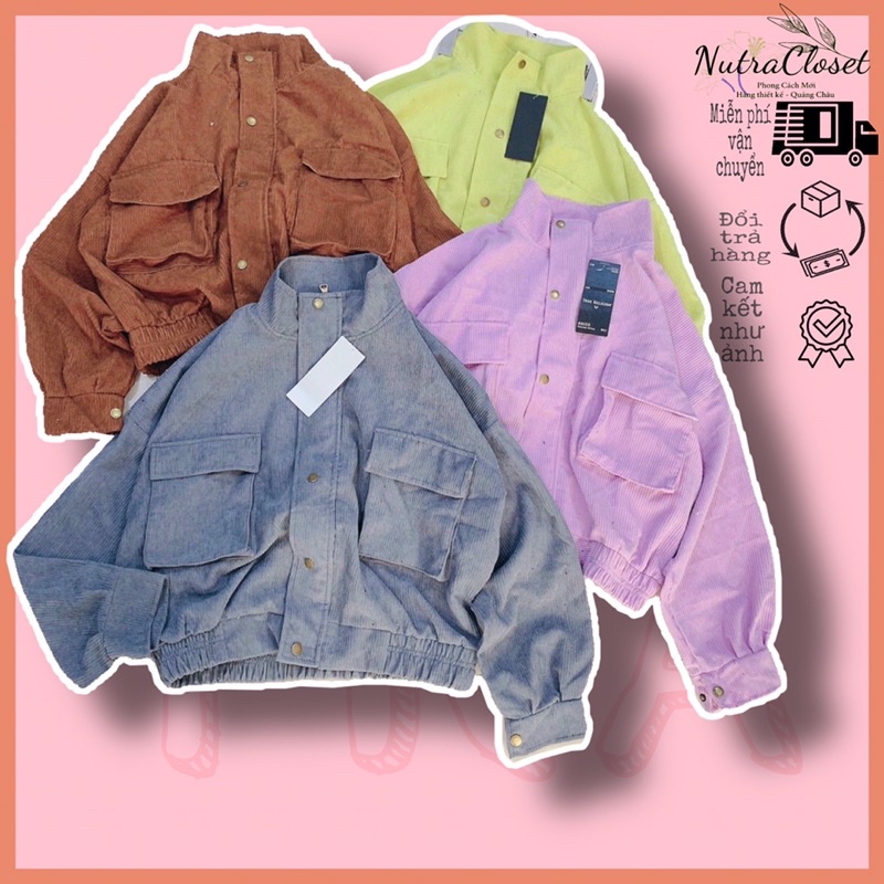 Áo khoác lửng croptop kaki nhung gân 1 lớp không nón túi hộp nút bấm unisex ulzzang nam nữ