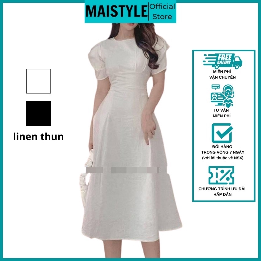 Váy trắng đen MAISTYLE đầm nữ công sở dự tiệc dáng dài qua gối xinh thiết kế đẹp tay phồng cao cấp xòe midi vải linen | BigBuy360 - bigbuy360.vn