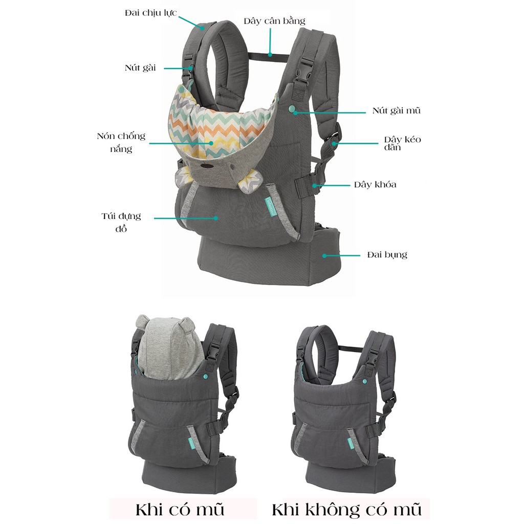 [ Chính hãng }Địu em bé 4 tư thế - Địu Infantino Cuddle Up Ergonomic Hoodie 2 in 1có mũ che nắng Mỹ