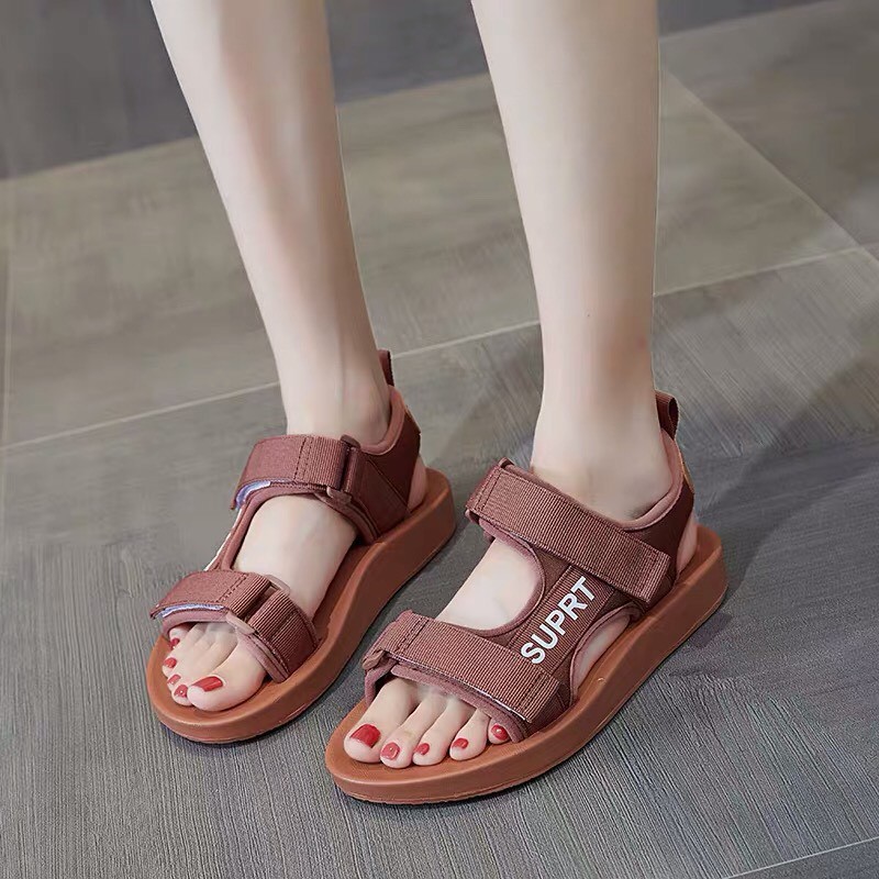 Sandal nữ SUPRT có 3 màu đen, trắng &amp; nâu, thiết kế quai ngang đế bằng, phong cách hàn quốc, đi học, đi chơi đều được