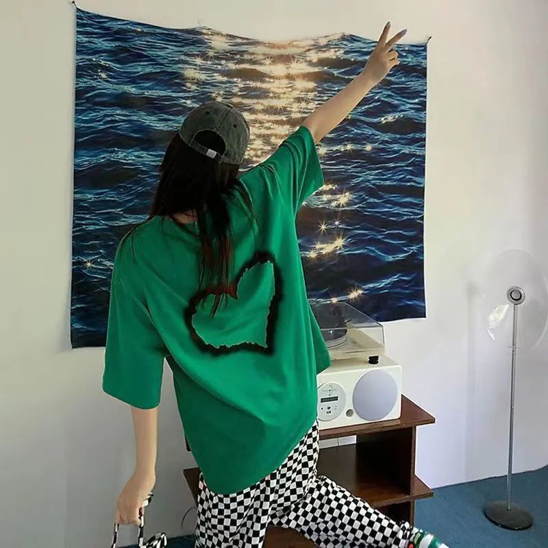 Jiashucheng Áo Thun Nữ Ngắn Tay Cổ Tròn In Hình Trái Tim Phong Cách Preppy Retro