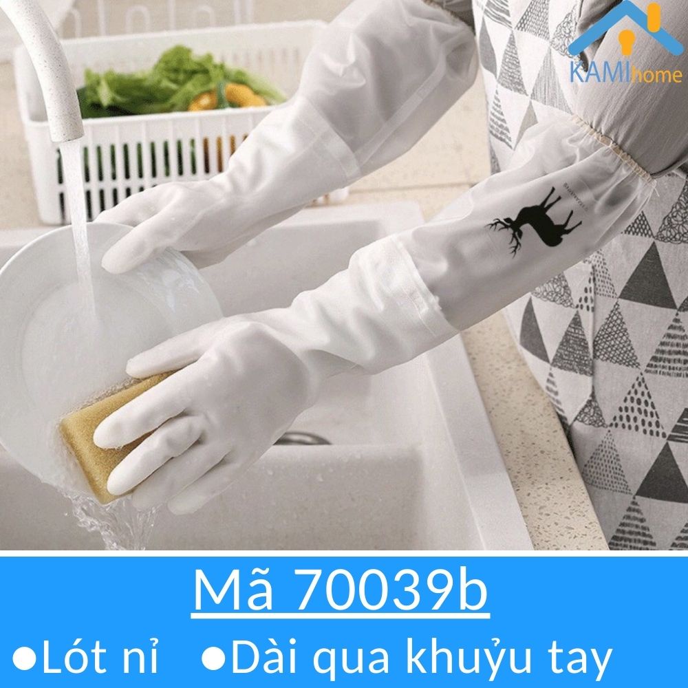 Găng tay cao su lót nỉ chống lạnh tay ống dài có đai thít kín rửa bát vệ sinh nhà cửa mã 70039