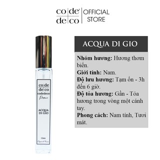 Tinh Dầu Nước Hoa Pháp Code Deco Acqua Di Gio 12ml, Nam Tính, Tươi Mát