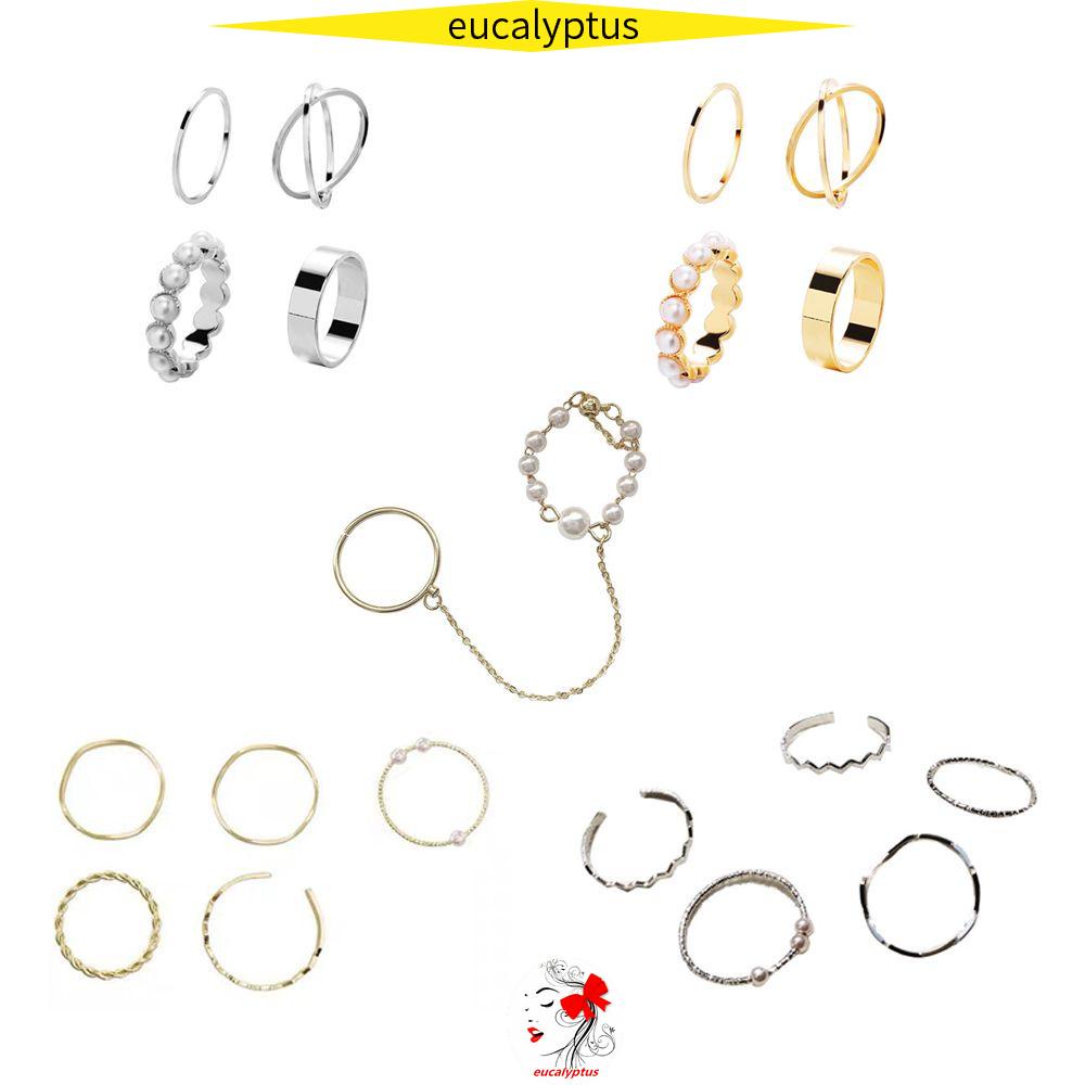 Bộ 4 Sản Phẩm EUPUS|Set 5 Nhẫn Đeo Tay Thiết Kế Đơn Giản Thời Trang Cho Nữ|Nhẫn Hở Đính Ngọc Trai Nhân Tạo