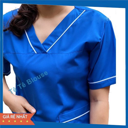 Bộ Blouse cổ tim Xanh Dương viền Trắng dành cho Nam Nữ - Bộ Scrubs đồng phục Kỹ thuật viên, Điều dưỡng, Dược sỹ, Y tá