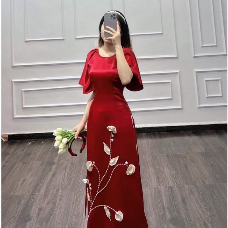 Áo dài cách tân vải tata kết tay hoa nổi sang chảnh, áo dài vai cách điệu xinh lắm nha