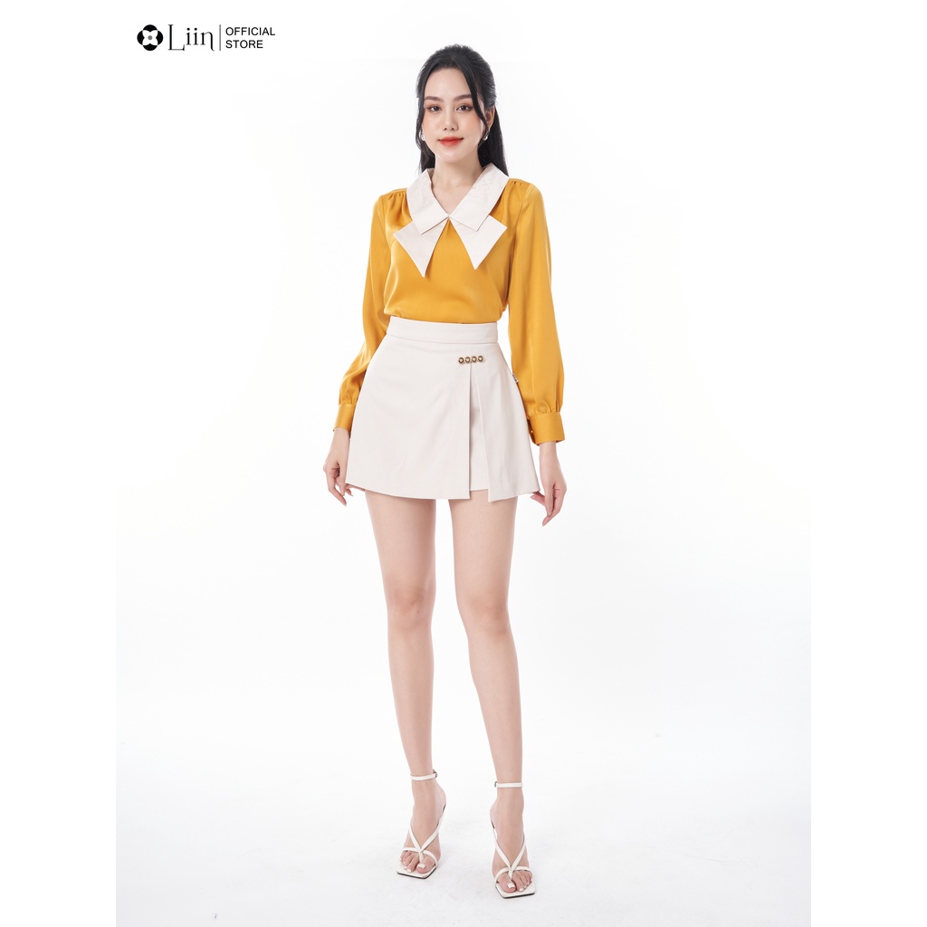 Áo kiểu nữ linbi màu vàng mix cổ nơ be kiểu dáng trẻ trung, mặc tôn da liin clothing A2266