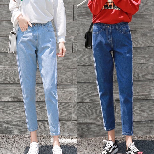 Quần baggy jean phối sọc trắng 2 màu xanh đậm và xanh nhạt