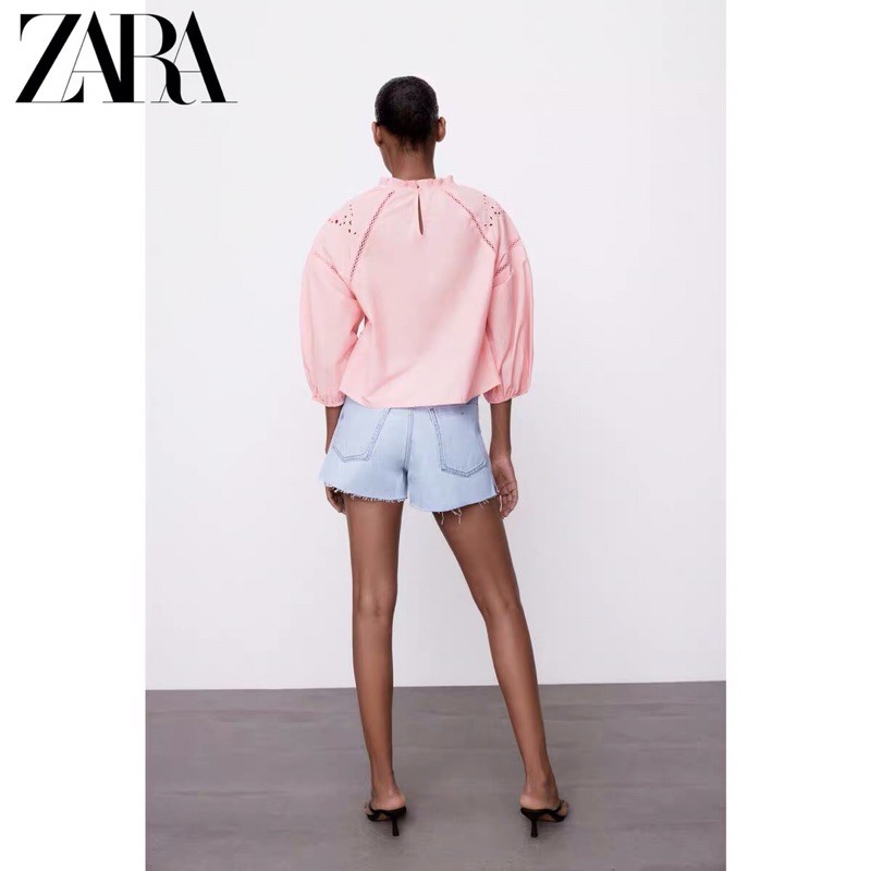 Áo sơ mi nữ màu hồng Zara new hè 2021 best seller tay phồng