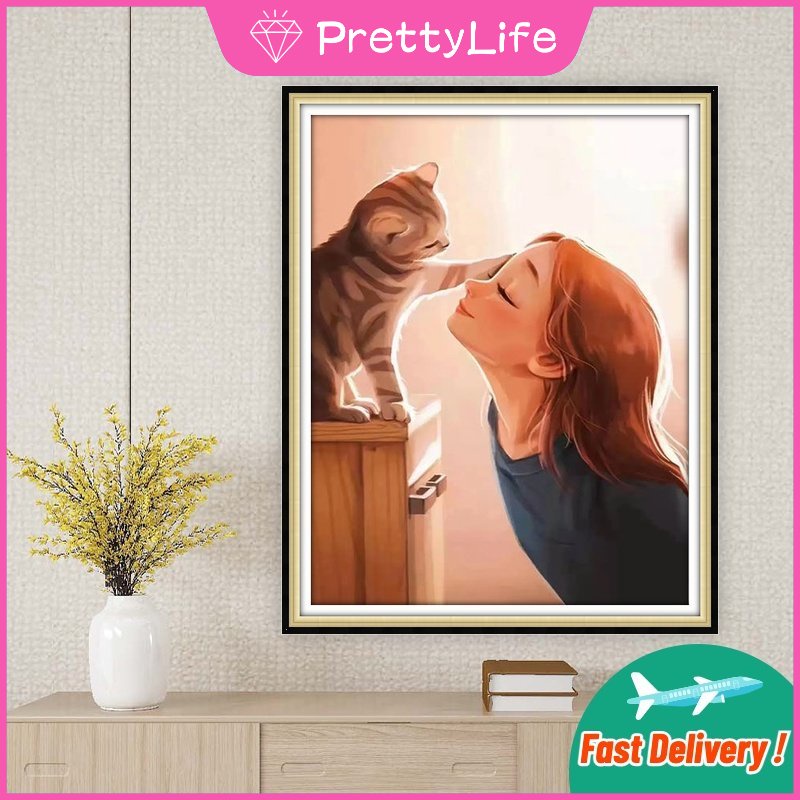 Bộ Tranh Đính Đá 5D Tự Làm 30x40cm / 40x50cm Hình Cô Gái Và Mèo Hoạt Hình Dễ Thương Trang Trí Nhà Cửa