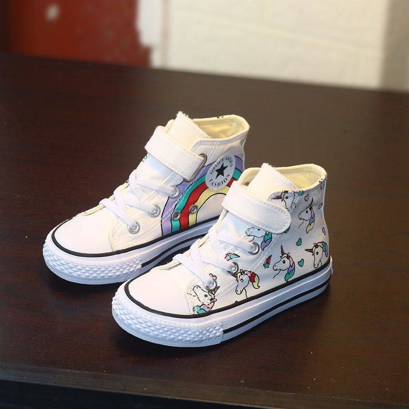 Giày vải canvas cổ cao in hình kỳ lân thời trang cho bé gái 2021