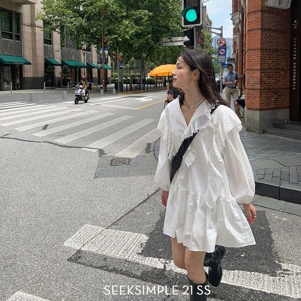 Đầm trắng tay dài thời trang mùa thu kiểu Pháp 2021