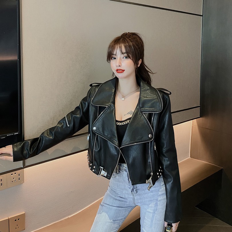 Áo da cổ bèo đinh tán chị đại cực ngầu đua xe hộp đêm cá tính Hàn Quốc ôm sát mềm mại Thu Đông Ullzang