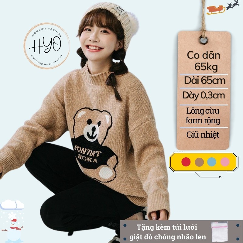 Áo Len Nữ Gấu Bear Lông Cừu Xinh form rộng thu đông tay dài dáng đẹp Quảng Châu
