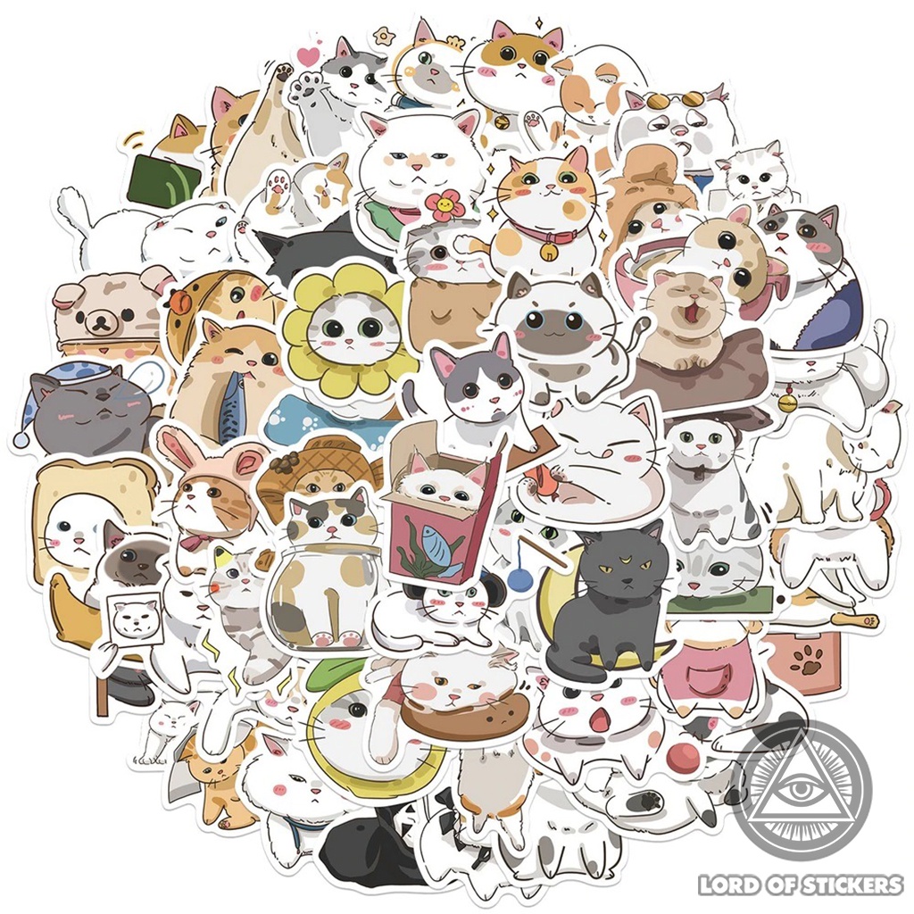 Set 62 Miếng Dán Hoạt Hình Mèo Dễ Thương Đáng Yêu Sticker Cute Chống Thấm Nước Trang Trí Mũ Bảo Hiểm, Laptop, Sổ, Vali