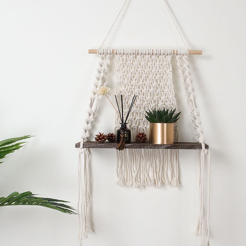 Macrame Wall Hanging Rope Floating Shelf Floating Plant Rack Boho Tapestry Home Decor 17.7X38.6Inch(Brown)
