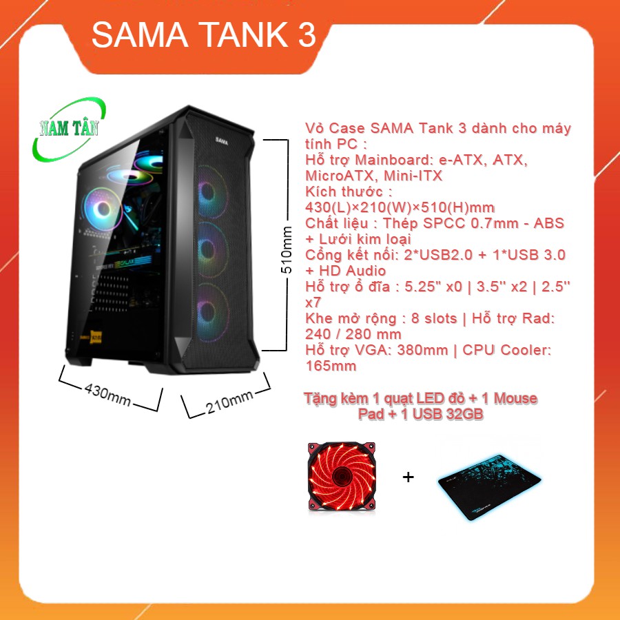 [Chính Hãng] Vỏ case máy tính FULL SIZE ATX SAMA TANK 3 ( Kèm Red led 33 bóng) (Tặng kèm bàn di chuột)