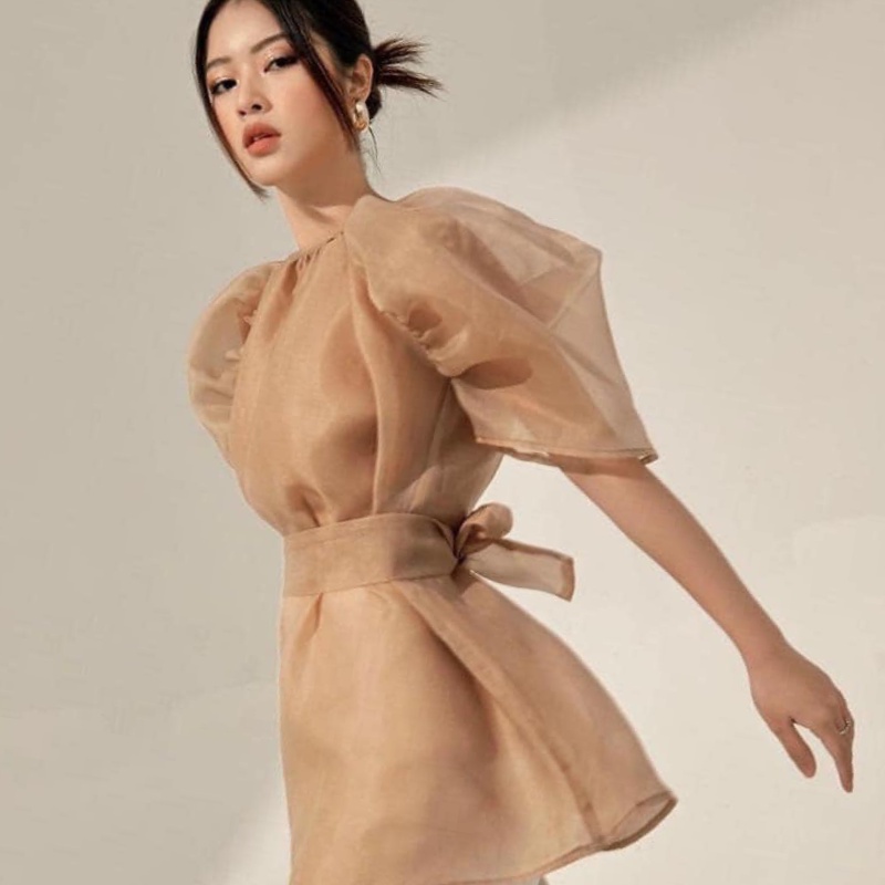 Áo voan tơ cột nơ eo tay lỡ phồng_màu be_ freesize