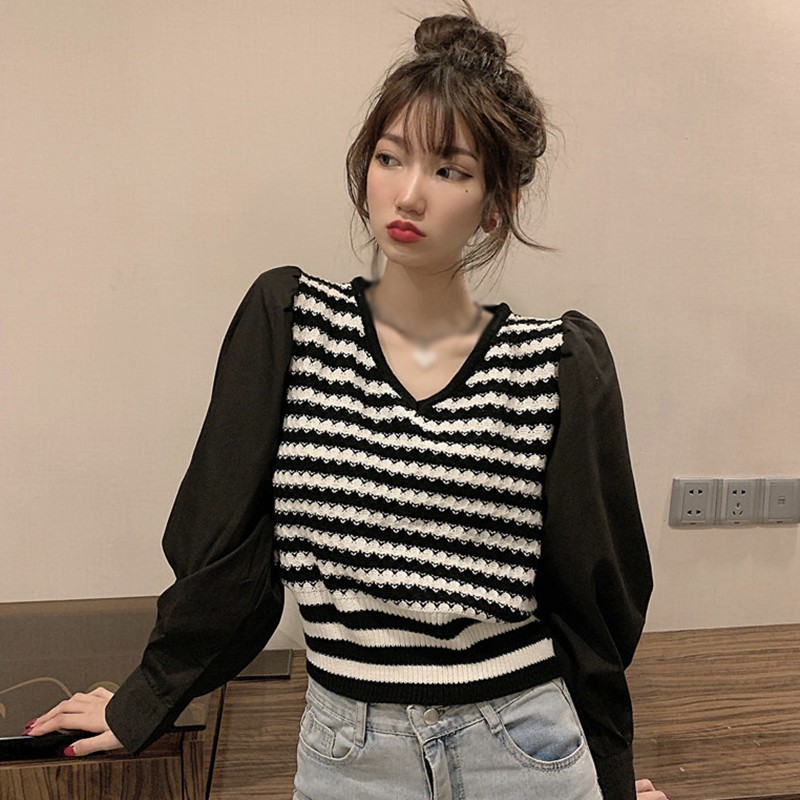 Áo Sweater Dài Tay Cổ Chữ V Kẻ Sọc Xinh Xắn Dành Cho Nữ