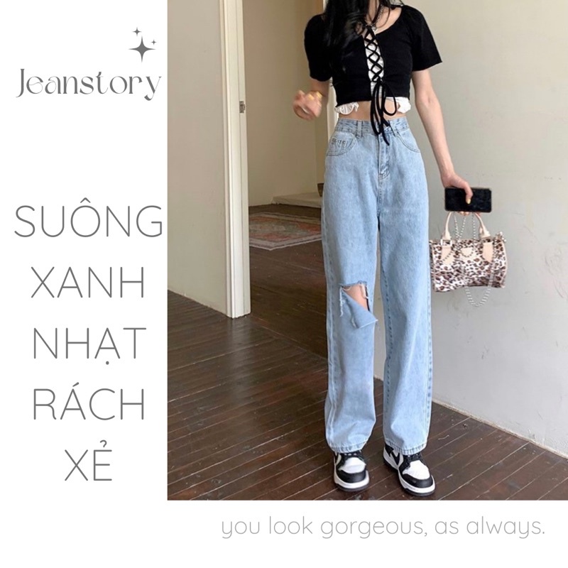 Quần Jeans Suông Rách Xẻ Tôn Dáng