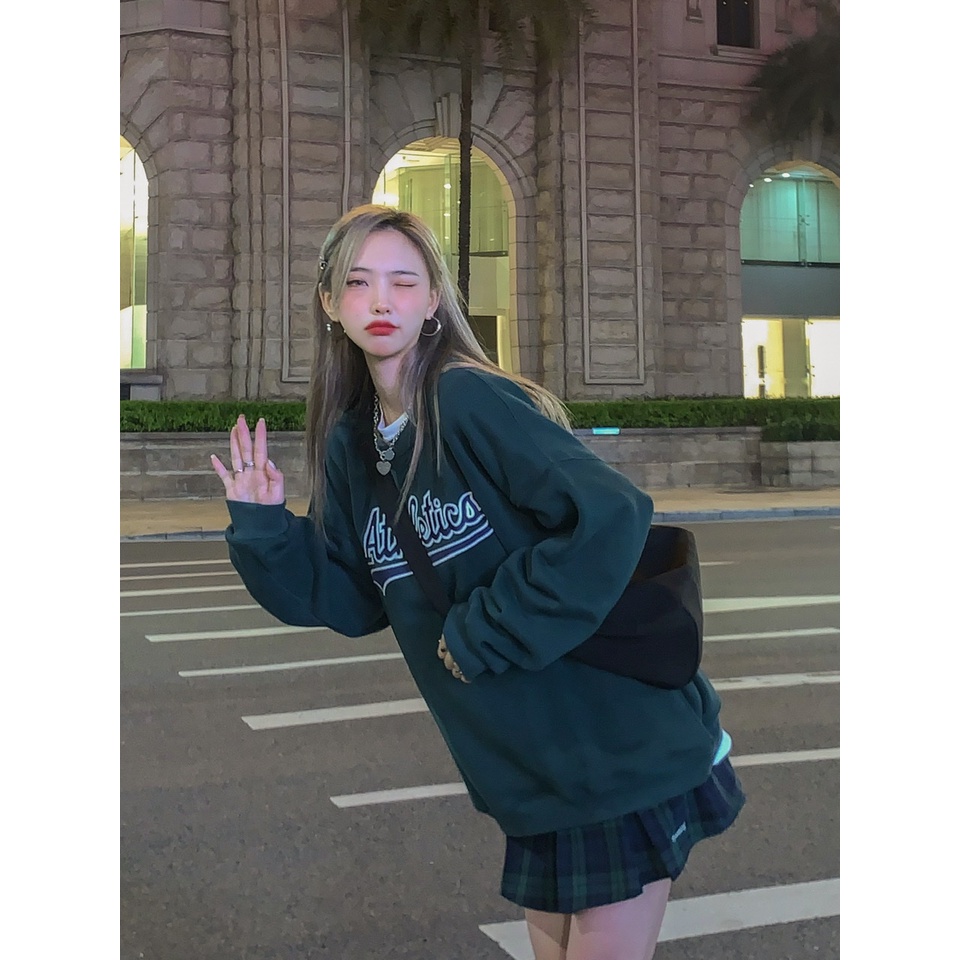 SUXI Áo nỉ nữ dài tay cổ tròn thời trang Hàn