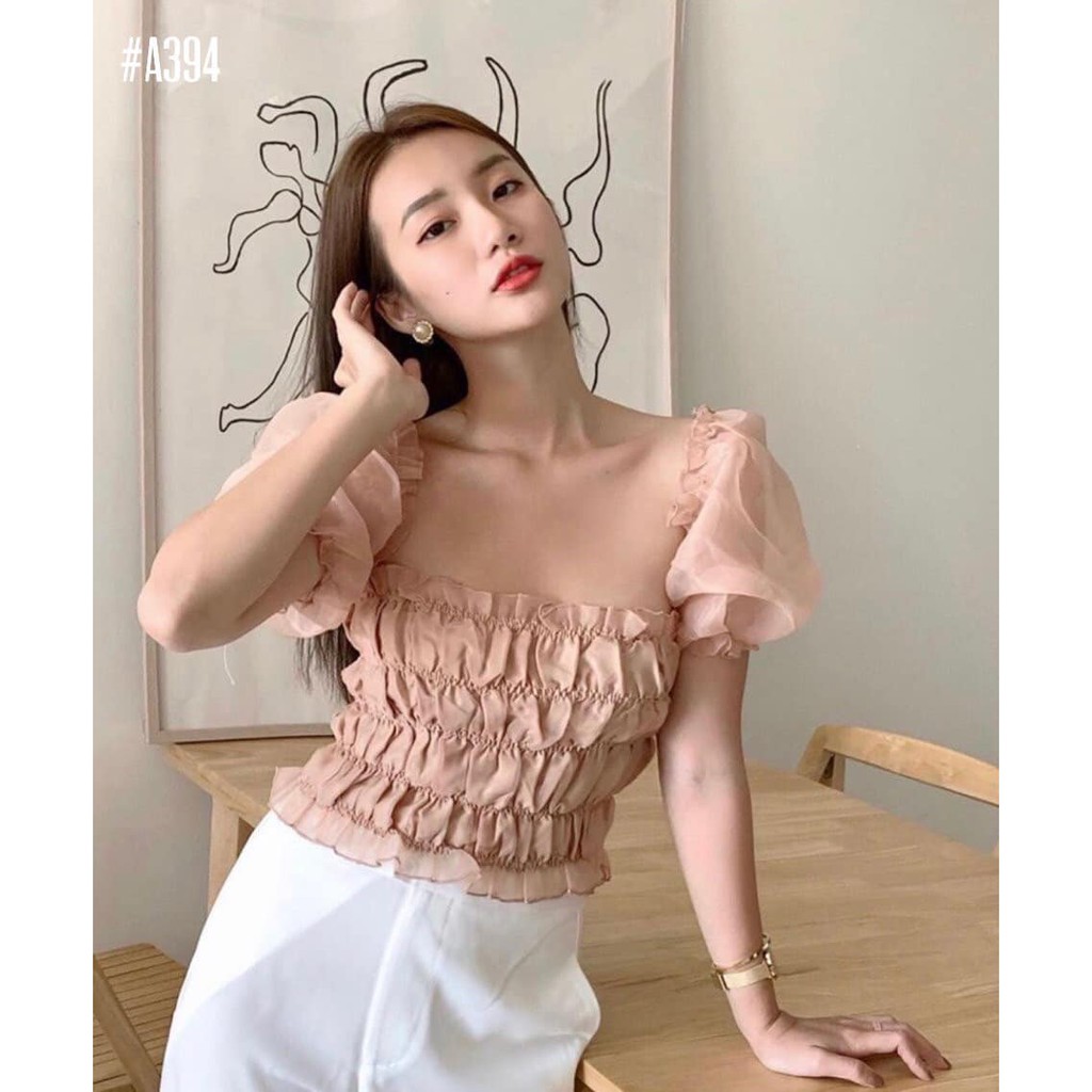Áo croptop nữ nhún voan kiếng nhiều màu MSA394
