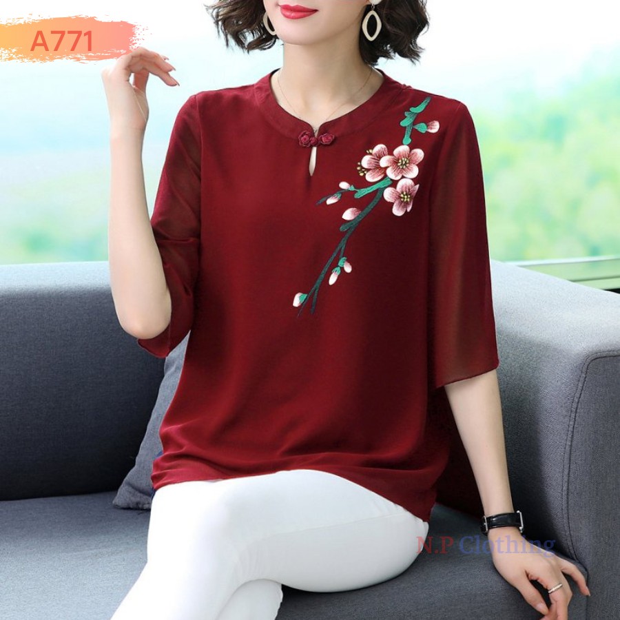 Áo Trung Niên Nữ A355, Kiểu Áo Sơ Mi Trung Niên Form Rộng Bigsize Cổ Bèo Đính Nút Rất Trang Nhã | Thời Trang NP Clothing