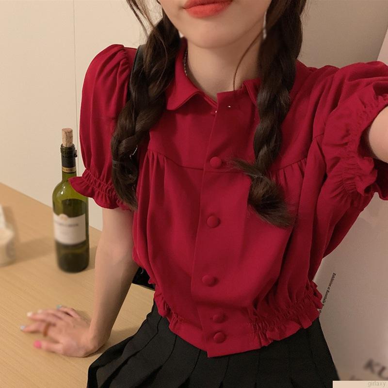 Áo sơ mi croptop tay phồng cổ búp bê màu sắc đơn giản thời trang theo phong cách hàn quốc cho nữ