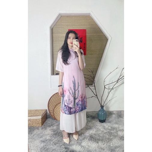 Áo dài cách tân Tết voan tơ 4 tà tay lỡ mềm mại