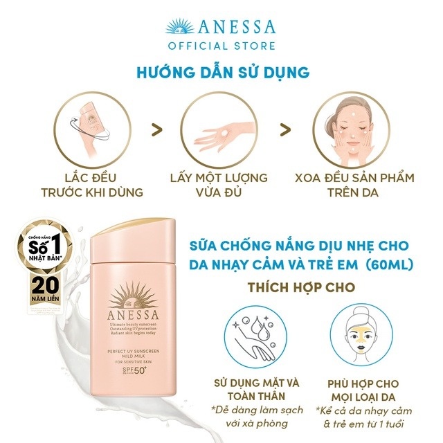 Sữa Chống Nắng Anessa Cho Da Nhạy Cảm & Trẻ Em 60ml Perfect UV Sunscreen Mild Milk (For Sensitive Skin) SPF50+/PA++++