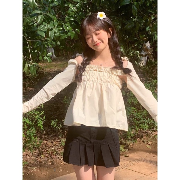 Set Áo Dây Babydoll Thắt Dây Nơ Kèm Ống Tay Dài Vàng Mơ Đáng Yêu