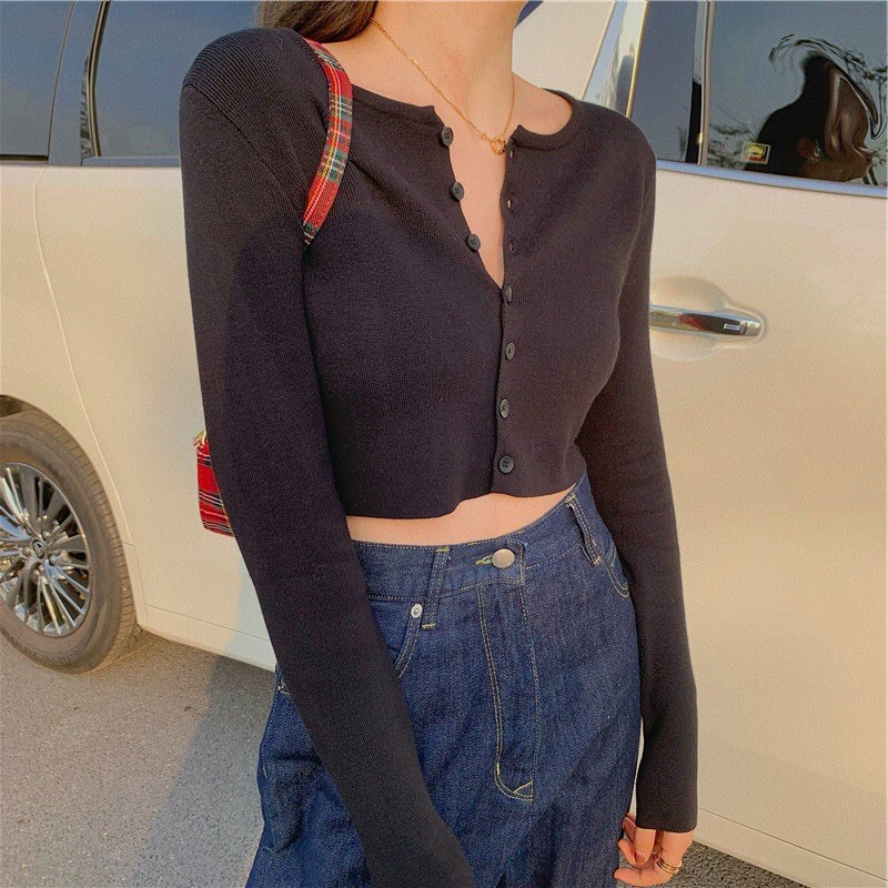 Áo len croptop tay dài Áo Cardigan nữ dệt kim len tăm Hàn Quốc Quảng Châu K2C2