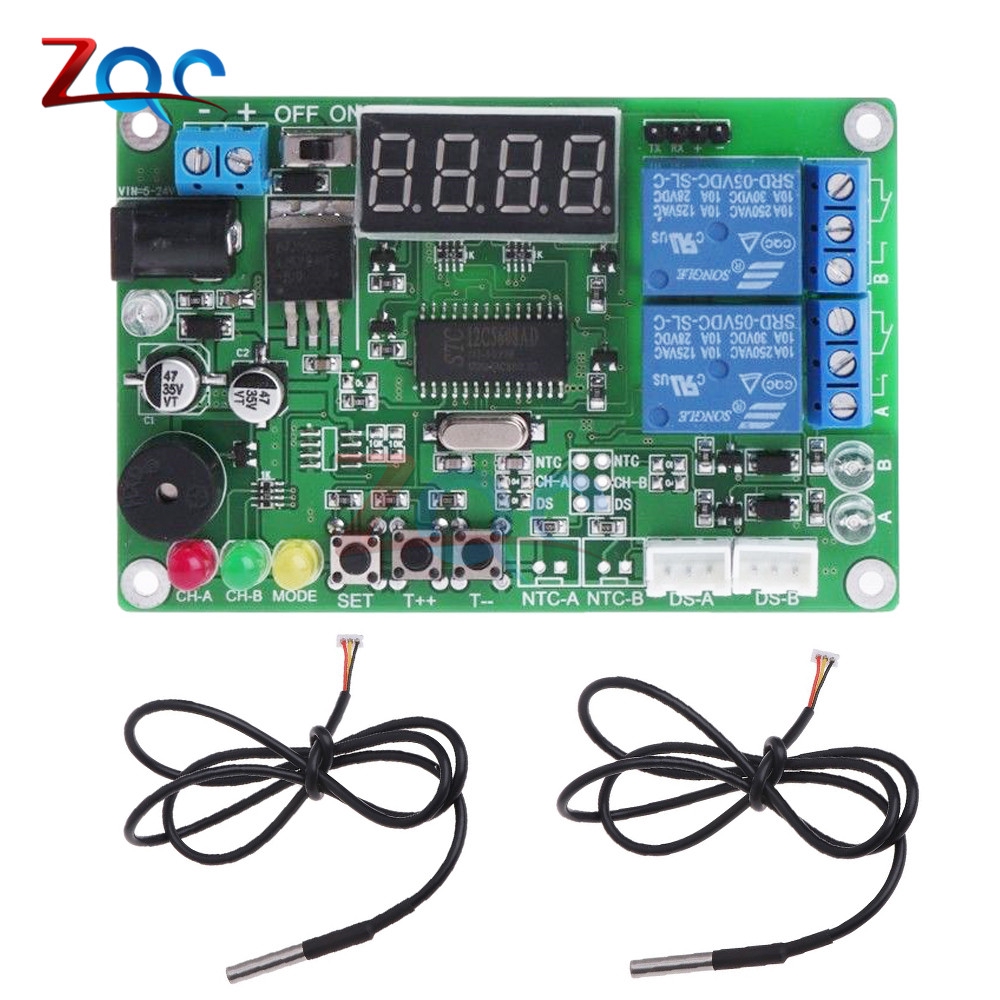 Bảng mạch đo điều chỉnh nhiệt độ thông minh hiển thị kỹ thuật số + đèn LED DC 5-24V 2-CH kèm 2 que dò