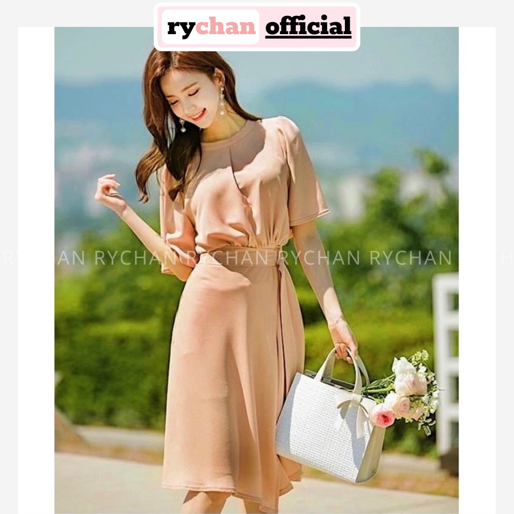 Đầm Váy Nữ Công Sở Cổ Trụ Kèm Belt Tay Ngắn Cổ Tròn Thanh Lịch Màu Kem - DX9768