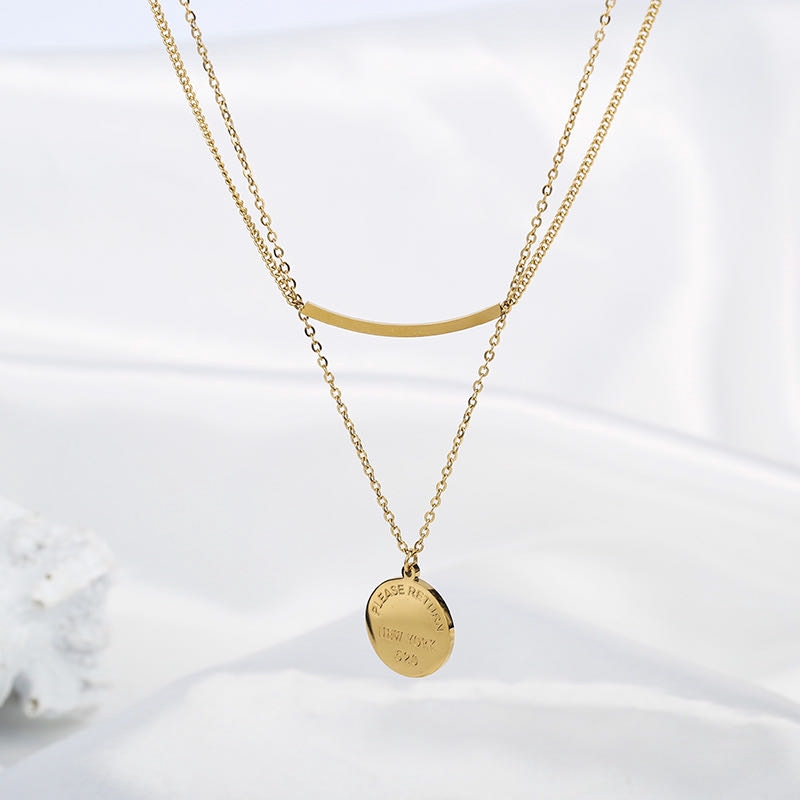 Dây chuyền hai lớp bằng thép titan mạ vàng 18k mặt hình tròn phẳng đơn giản thời trang