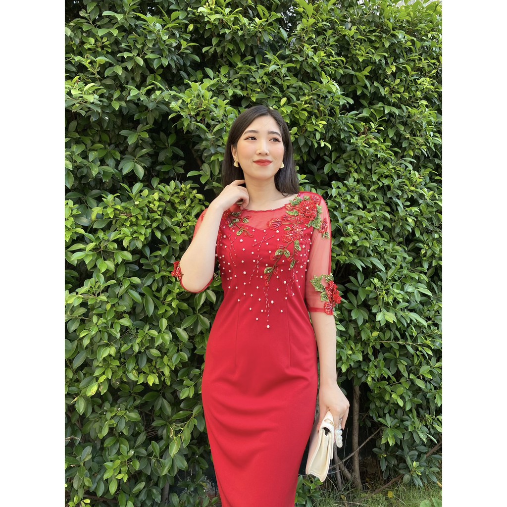 Đầm trung niên nữ phối hoa sang trọng, dự tiếc, thiết kế cao cấp