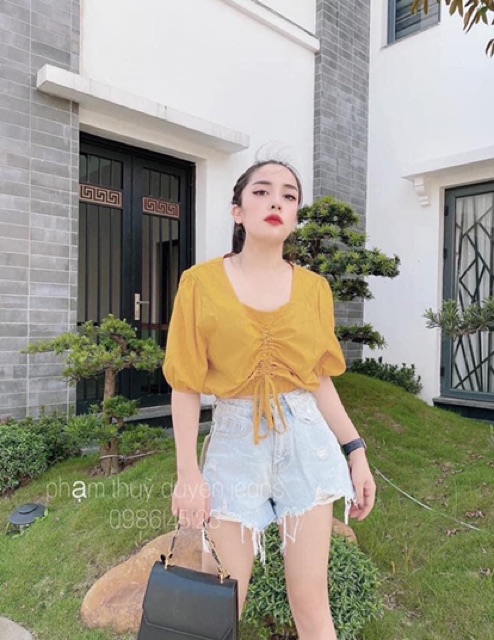 Áo croptop thô rút dây cổ vuông - hàng qc