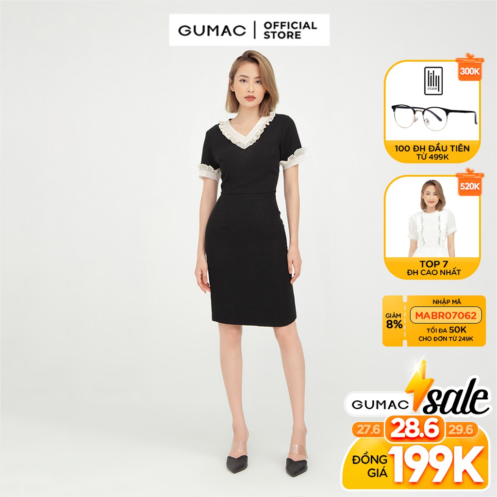 [Mã MABR07062 giảm 8% tối đa 50K đơn từ 249K] Đầm ôm nữ cổ V phối GUMAC quyến rũ màu đen DB5128 | BigBuy360 - bigbuy360.vn