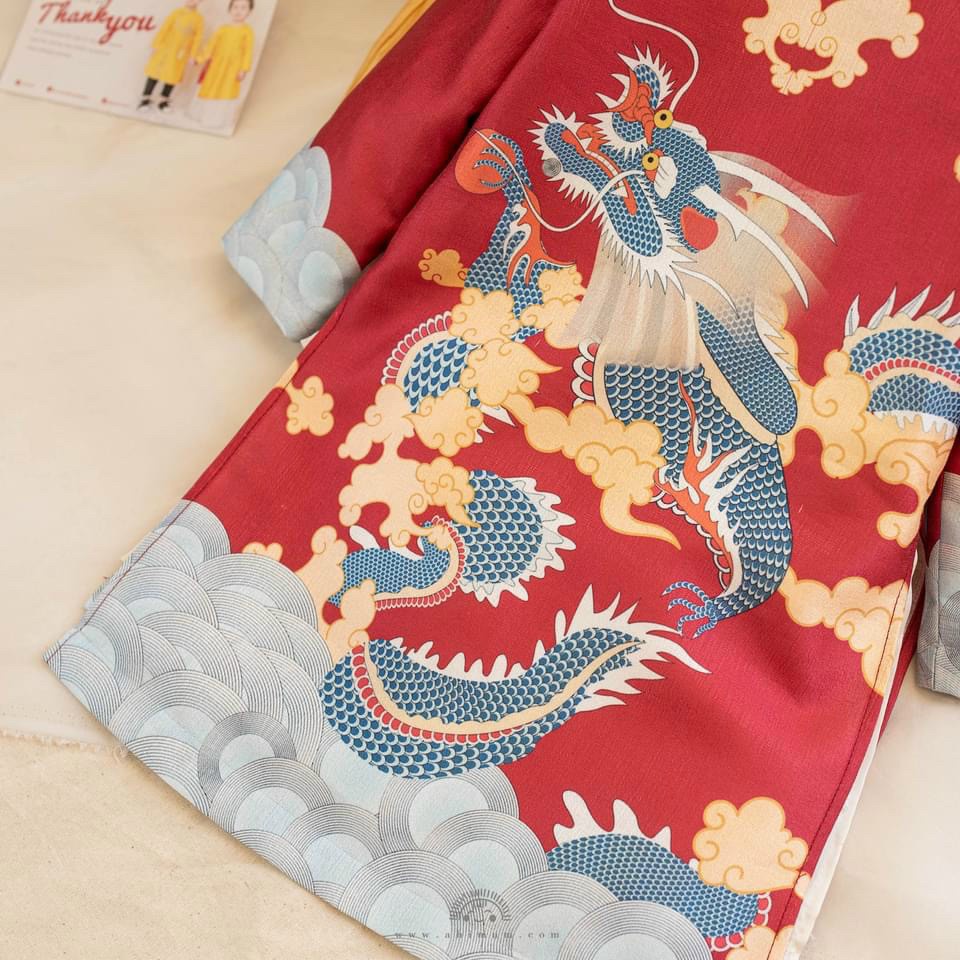 Áo dài cách tân bé trai in hoa văn rồng bay chất tafta cao cấp - L12