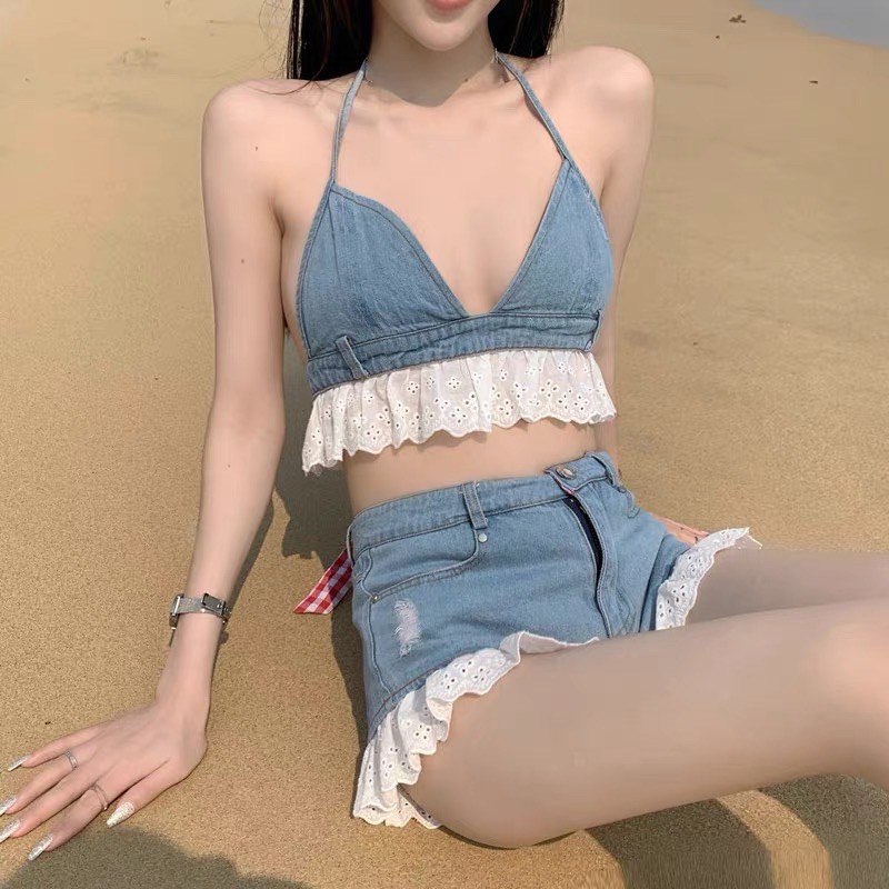 Set áo quần denim phối ren
