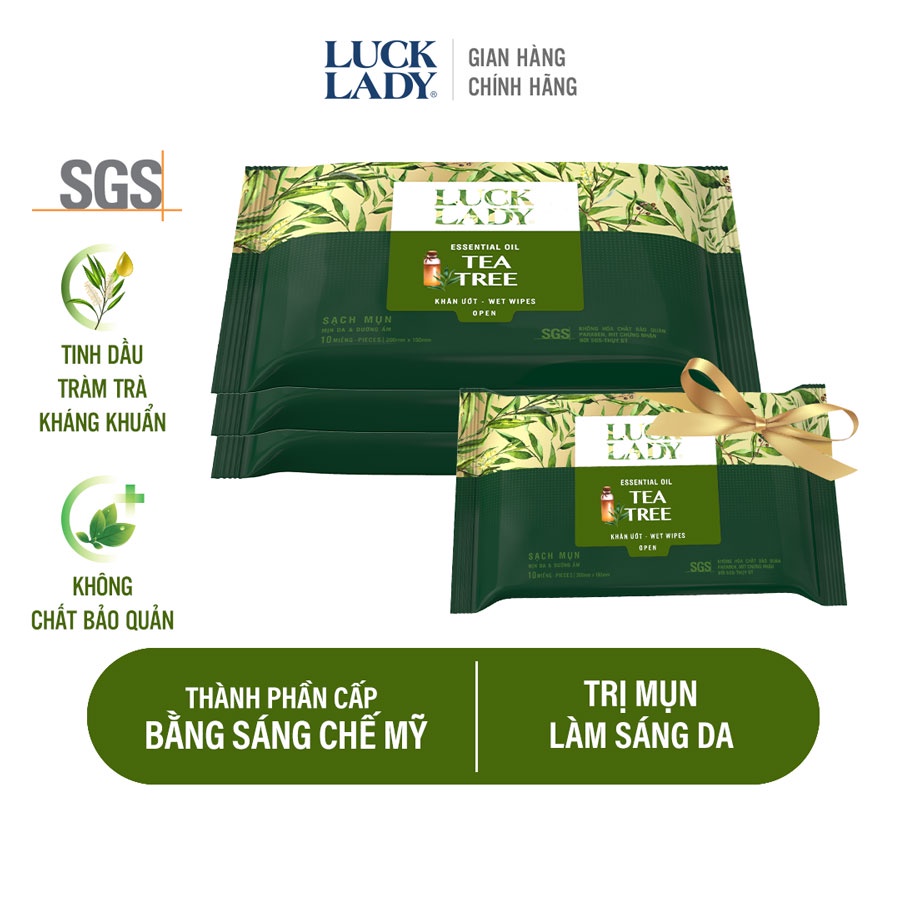 [MUA 3 TẶNG 1 CÙNG LOẠI] Mua 3 gói khăn giấy ướt Luck Lady Tea Tree (10 tờ/ gói) tặng 1 gói cùng loại